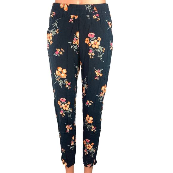 H&M Black Floral Print Elastic Waist Pull On Pockets Trouser Ankle Pants Size 2 - Picture 1 of 5